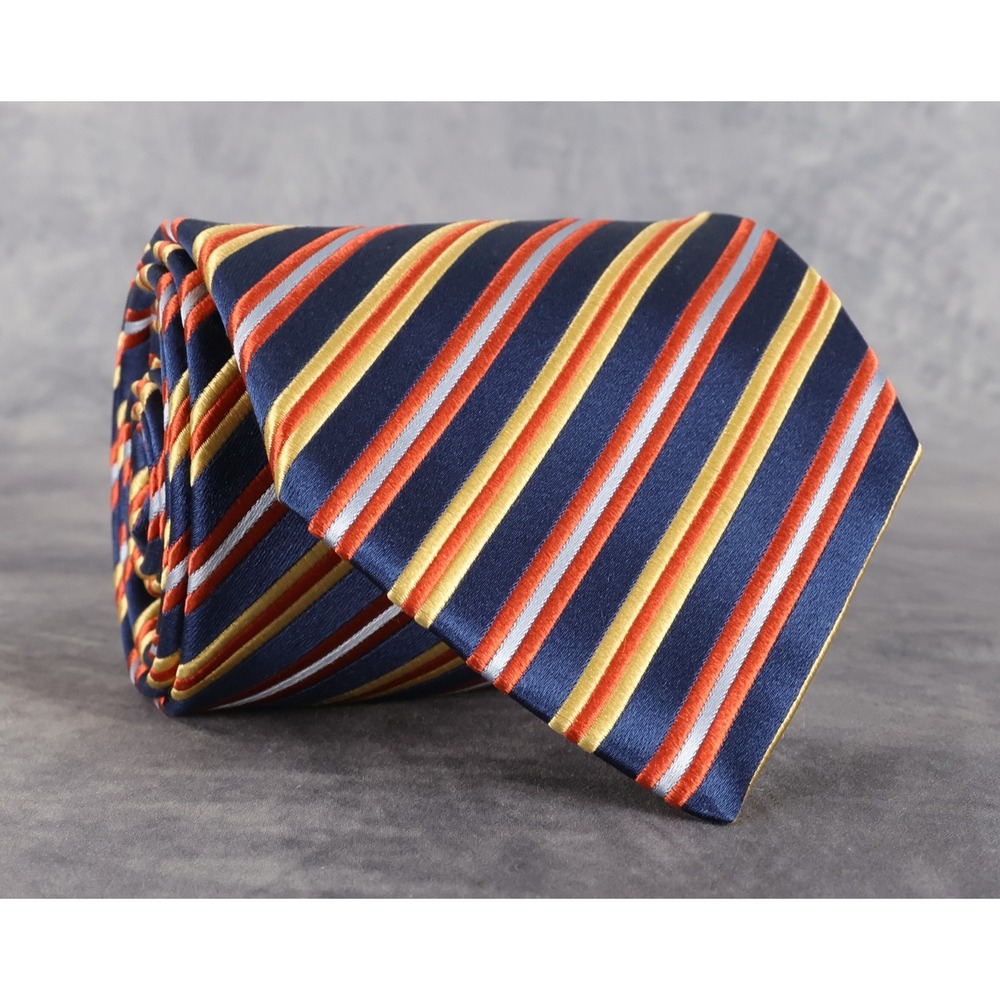 Charvet Place Vendôme Silk Repp Stripe Necktie Blue Gold Orange Silver France